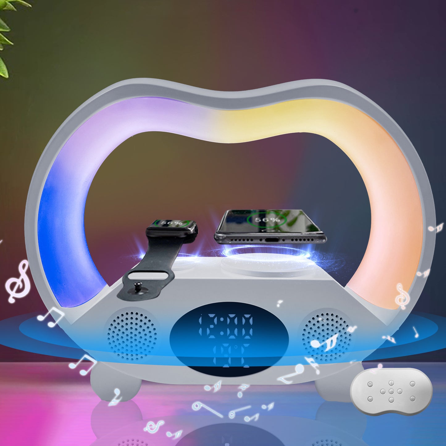 6-in-1 Smart LED Table Lamp with Bluetooth Speaker, Wireless Charger, Ambient Night Light & Remote Control – 2024 Multi-Function Desk Companion