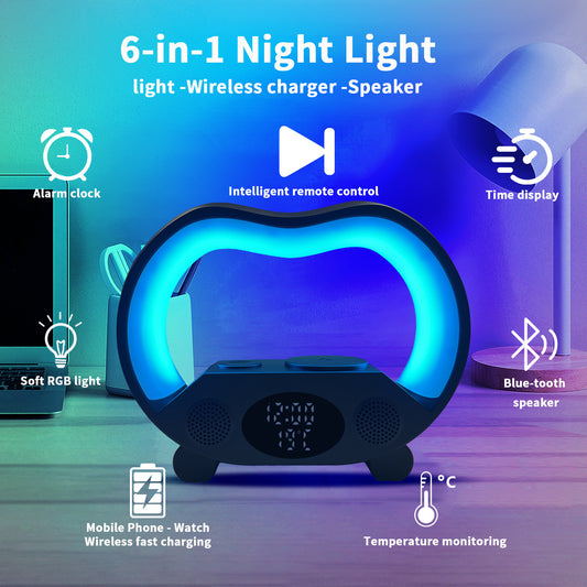 6-in-1 Smart LED Table Lamp with Bluetooth Speaker, Wireless Charger, Ambient Night Light & Remote Control – 2024 Multi-Function Desk Companion